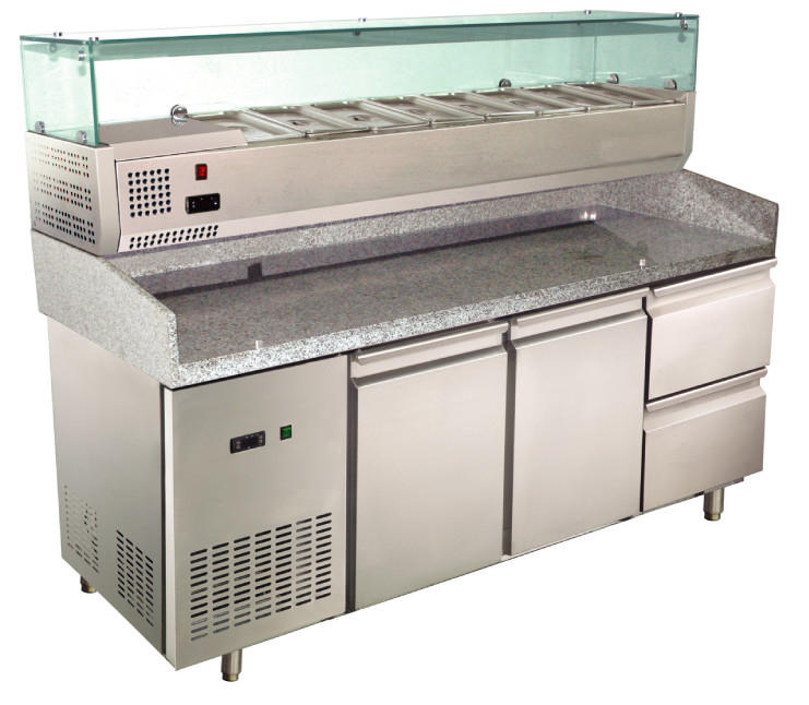 O alcance da caixa da pizza da bancada do granito no congelador de refrigerador com prepara a unidade, 380L+65L